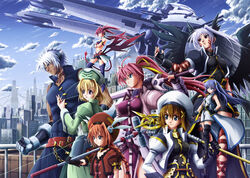  1boy 6+girls agito_(nanoha) angel_wings animal_ears arm_belt armor arthra asymmetrical_legwear black_wings blonde_hair blue_eyes book book_of_the_azure_sky boots bow bracelet braid brown_hair building chains city cloud commentary_request crosier cross day earrings facial_mark fingerless_gloves forehead_mark gauntlets gloves graf_eisen grey_hair hair_ornament hair_ribbon hairbow hammer hat head_wings highres jacket jewelry klarwind laevatein_(nanoha) leg_belt long_hair lyrical_nanoha magical_boy magical_girl mahou_shoujo_lyrical_nanoha_strikers metal_wire midriff mini_person minigirl multiple_girls multiple_wings open_clothes open_jacket photoshop_(medium) pink_hair pointy_ears ponytail purple_hair rabbit red_eyes red_hair reinforce reinforce_zwei ribbon ring schwertkreuz sentaro shamal short_hair signum single_thighhigh skirt skyscraper spacecraft staff stuffed_animal stuffed_toy sword tail thigh_boots thighhighs twin_braids twintails uneven_legwear vita_(nanoha) waist_cape weapon winged_hair_ornament wings x_hair_ornament yagami_hayate zafira 