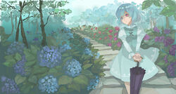  ann606 aqua_eyes aqua_hair closed_umbrella commentary_request female flower garden heterochromia hydrangea karakasa_obake red_eyes short_hair solo stairs standing tatara_kogasa touhou tree umbrella 