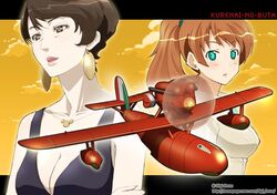  2girls aircraft airplane aqua_eyes breasts brown_eyes brown_hair cleavage commentary_request earrings fio_piccolo flying_boat gina_(kurenai_no_buta) jewelry kimura_shigetaka kurenai_no_buta lipstick makeup medium_breasts multiple_girls necklace open_mouth ponytail savoia_s.21 short_hair signature vehicle_focus 