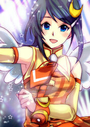  bad_id bad_pixiv_id bare_shoulders blue_eyes blue_hair blush female hair_ornament hairclip idolmaster idolmaster_dearly_stars kosato mizutani_eri open_mouth short_hair smile solo wings 