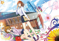  2girls apple barefoot bird breasts brown_eyes brown_hair building cloud day denim denim_shorts flower food fruit glasses hair_bobbles hair_ornament high_heels ken-1 large_breasts legs looking_back lying miniskirt multiple_girls on_side open_mouth original pen photoshop_(medium) ponytail saliva shirt shoes short_hair shorts side_ponytail skirt sky sleeping smile standing sunflower white_shirt 