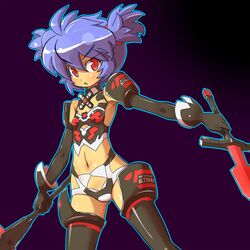  altines blush busou_shinki commentary_request elbow_gloves female flat_chest gloves kakikukeko navel purple_hair red_eyes short_twintails solo sword thighhighs twintails weapon 