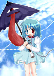  asatama blue_eyes blue_hair blush chain_leash chains cloud collar commentary_request day female heterochromia karakasa_obake leash purple_umbrella red_eyes short_hair solo tatara_kogasa touhou umbrella 