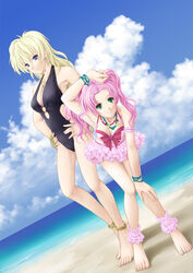  2girls ankle_garter anklet aritani_mahoro arm_garter barefoot beach blonde_hair blue_eyes commentary_request day dutch_angle frills green_eyes highres jewelry leaning_forward long_hair multiple_girls necklace one-piece_swimsuit original photoshop_(medium) pink_hair swimsuit twintails 