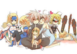  1boy 6+girls black_pants blazblue blue_eyes blue_footwear boots braid commentary_request eyepatch gloves green_eyes head-mounted_display heterochromia hug lambda-11 lao_jiu long_hair mu-12 multiple_girls multiple_persona noel_vermillion nu-13 pants ragna_the_bloodedge saya_(blazblue) smile thighhighs tomo_(tomorag7) uniform white_hair 