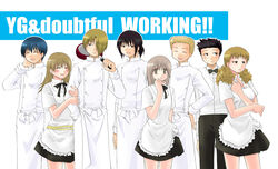  3girls 5boys adachi_masahiro apron black_hair blonde_hair blue_hair bow bowtie chef crossover frying_pan kondou_kisaki kouno_takuya multiple_boys multiple_girls muranushi_sayuri official_art saiki_kouki satou_jun skirt souma_hiroomi takatsu_karino todoroki_yachiyo waiter waitress working!! working!!_(web_manga) 