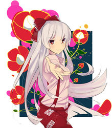  commentary_request female flower fujiwara_no_mokou hair_ribbon outstretched_arm outstretched_hand red_eyes ribbon smile solo tadataka touhou 