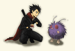  1boy bad_id bad_pixiv_id black_hair ginger_(niningasi) holding holding_poke_ball koga_(pokemon) male_focus ninja photoshop_(medium) poke_ball poke_ball_(basic) pokemon pokemon_(creature) pokemon_rgby scarf venonat 