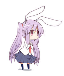  alternate_hairstyle animal_ears chibi commentary_request female ladfa necktie photoshop_(medium) pink_eyes pink_hair purple_eyes purple_hair rabbit_ears red_necktie reisen_udongein_inaba sidelocks simple_background skirt solo touhou twintails 