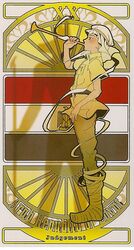  1boy anubis_(mythology) art_nouveau artist_request axis_powers_hetalia bandages brown_eyes card_(medium) different_shadow egypt_(hetalia) egyptian egyptian_mythology flag instrument judgement_(tarot) judgment_(tarot) keffiyeh male_focus parody profile receipt scan shadow solo standing tarot tarot_(medium) text_focus trumpet 