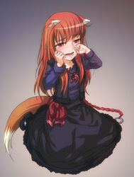  animal_ears bad_id bad_pixiv_id brown_hair dress female goenitzchild highres holo long_hair photoshop_(medium) pouch red_eyes sad solo spice_and_wolf tail tears wolf_ears wolf_girl wolf_tail 