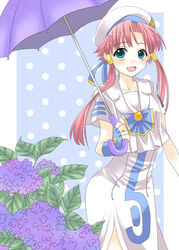  aria_(manga) aria_company_uniform blouse clothing_cutout commentary_request dress female flower hair_tubes hydrangea long_dress mizunashi_akari pink_hair sailor_collar shirt short_hair_with_long_locks short_sleeves side_slit sidelocks smile solo spica_(clover4) umbrella uniform white_dress white_shirt 