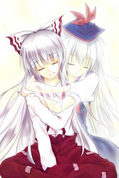  2girls closed_eyes cofi_(eternal) commentary_request fujiwara_no_mokou ghost hug hug_from_behind kamishirasawa_keine multiple_girls touhou 