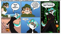  4_panel_comic anthro blue_background border canid canine canis cheek_tuft clothing coat coffee_mug container cup dialogue dialogue_box duo ears_back english_text extinct eyewear facial_tuft fangs felid female female/female green_hair green_highlights hair half-closed_eyes hi_res highlights_(coloring) humor leather leather_trenchcoat long_fangs mammal mug narrowed_eyes pivoted_ears prehistoric_species pun saber-toothed_tiger shirt simple_background smile smirk smug smug_face smug_grin sunglasses tank_top teeth text the_matrix topwear trenchcoat trick_or_treat tuft white_border white_hair wolf yellow_sclera zephyri_q_wolf zephyriwolf 