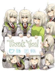  6+girls absurdres ahoge arknights blonde_hair brown_jacket clone coat commentary_request green_shirt hair_ornament heart highres holding holding_sign jacket korean_commentary looking_at_viewer looking_up milestone_celebration multiple_girls necktie open_mouth polyvora red_necktie scene_(arknights) shirt short_hair sign simple_background thank_you twitter_logo white_background white_coat white_shirt yellow_eyes 