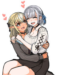  2girls ^_^ black_skirt blonde_hair blush breasts closed_eyes collarbone couple dark-skinned_female dark_skin dress eyebrows_hidden_by_hair grey_dress grey_hair grey_sweater hair_behind_ear heart hololive hug jewelry large_breasts long_hair multiple_girls official_alternate_costume on_lap pointy_ears ring sazare_(sazare_az) shiranui_flare shiranui_flare_(street) shirogane_noel shirogane_noel_(casual) short_hair skirt smile sweater sweater_tucked_in teeth upper_teeth_only virtual_youtuber wedding_ring wife_and_wife yuri 