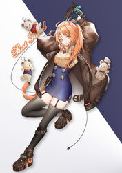  0_(znanimo) absurdres ahoge arknights black_thighhighs boots bow bowtie brown_jacket commentary dutch_angle english_text expressionless female garter_straps hat highres jacket mole mole_under_eye nail_gun orange_eyes orange_hair pinecone_(arknights) platform_boots platform_footwear pouch skindentation solo standing standing_on_one_leg stuffed_animal stuffed_toy symbol-only_commentary teddy_bear thighhighs thighs top_hat turtleneck zettai_ryouiki 