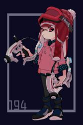  artist_name black_background black_pantyhose black_shirt black_skirt blue_footwear blunt_bangs blunt_ends bobblehat boots border closed_mouth collared_shirt commentary dapple_dualies_(splatoon) drawstring dual_wielding female goggles goggles_on_headwear grey_border holding holding_weapon hood hood_down hoodie imaikuy0 inkling inkling_(language) inkling_girl inkling_player_character long_hair looking_at_viewer miniskirt outside_border pantyhose pink_shirt polka_dot polka_dot_shirt red_eyes red_hair red_headwear shirt ski_goggles skirt solo splatoon_(series) splatoon_2 standing symbol-only_commentary tentacle_hair weapon 