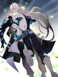  0nashiro 2boys ass blue_eyes gauntlets grey_hair highres honkai_(series) honkai_impact_3rd hug kevin_kaslana leaf long_hair long_sleeves looking_to_the_side male_focus multiple_boys parted_lips short_sleeves su_(honkai_impact) white_footwear white_hair yaoi 