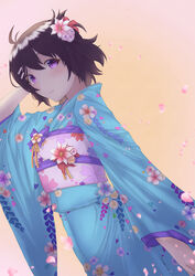  black_hair blue_kimono blush cherry_blossoms commentary_request female hair_ornament hairclip hanekawa_tsubasa japanese_clothes kimono looking_at_viewer monogatari_(series) nisemonogatari photoshop_(medium) purple_eyes solo yukata zeri_(zeristudio) 