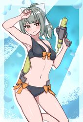  absurdres bikini black_bikini breasts commentary_request cowboy_shot feet_out_of_frame female front-tie_bikini_top front-tie_top grey_hair hair_ribbon highres kantai_collection long_hair navel ponytail ribbon side-tie_bikini_bottom small_breasts solo swimsuit tokiwa_senkei water_gun white_ribbon yuubari_(kancolle) yuubari_kai_ni_(swimsuit_mode)_(kancolle) 