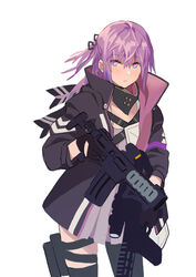  ar-15 assault_rifle asymmetrical_legwear black_gloves black_thighhighs blue_eyes collar commentary female girls&#039;_frontline gloves gun hair_ornament holding holding_gun holding_weapon jacket multicolored_hair ningen_(ningen96) one_side_up pink_eyes pink_hair rifle single_thighhigh solo st_ar-15_(girls&#039;_frontline) st_ar-15_(mod3)_(girls&#039;_frontline) streaked_hair thighhighs uneven_legwear weapon 