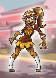  2018 anthro bottomwear breasts brown_body brown_fur canid canine clothing female fur hair hi_res mammal mr-dna mythological_canine mythological_creature mythology open_mouth pamela_wells pigeon_toed ponytail shocked simple_background skirt solo standing sweater teen_wolf topwear torn_clothing transformation were werecanid werecanine werewolf yellow_eyes 