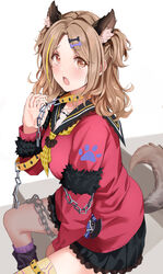  animal_ear_fluff animal_ears black_nails black_sailor_collar black_skirt blush bone_hair_ornament brown_eyes brown_hair cartoon_bone chains commentary_request female frilled_sailor_collar frilled_skirt frills hair_ornament hand_up ichikawa_hinana idolmaster idolmaster_shiny_colors koukoku long_hair long_sleeves looking_at_viewer nail_polish neckerchief oerba_yun_fang open_mouth parted_bangs plaid_neckerchief pleated_skirt purple_socks red_shirt ribbed_legwear sailor_collar school_uniform serafuku shirt skirt socks solo tail white_background wolf_ears wolf_girl wolf_tail yellow_collar yellow_neckerchief 