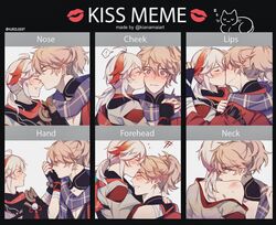  2boys blonde_hair blush checkered_clothes checkered_scarf commentary couple english_commentary english_text eye_contact fingerless_gloves genshin_impact gloves hair_between_eyes hand_grab high_ponytail highres kaedehara_kazuha kazuha&#039;s_friend_(genshin_impact) kiss_chart kissing kissing_cheek kissing_forehead kissing_hand kissing_neck kissing_nose kuro_lee looking_at_another low_ponytail male_focus multicolored_hair multiple_boys multiple_drawing_challenge ponytail purple_eyes scarf single_bare_shoulder smile solo_focus streaked_hair white_hair yaoi 