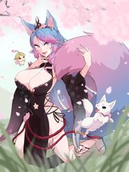  absurdres animal_ear_fluff animal_ears black_kimono black_sleeves blue_eyes blue_hair blue_nails blue_tail breasts cherry_blossom_print cherry_blossoms cleavage cleavage_cutout clothing_cutout detached_sleeves female floral_print gradient_hair gradient_tail highres hip_vent holding holding_own_tail indie_virtual_youtuber japanese_clothes kimono large_breasts long_hair looking_at_viewer multicolored_hair multicolored_tail nail_polish navel_cutout pink_hair pink_tail sidelocks silvervale silvervale_(sakura_goddess) smile swept_bangs tail ume_emaru virtual_youtuber wolf_ears wolf_girl wolf_tail 