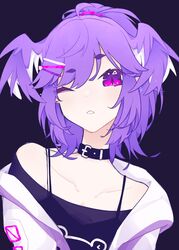  black_background black_collar black_shirt collar english_commentary female hair_ornament hairclip head_tilt head_wings highres hood hooded_jacket hyuni_(hyunicat) jacket nijisanji nijisanji_en off-shoulder_shirt off_shoulder one_eye_closed parted_lips ponytail purple_eyes purple_hair purple_jacket selen_tatsuki shirt solo virtual_youtuber wings 