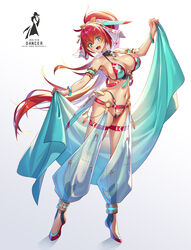  :d armlet bare_shoulders bikini breasts cleavage commentary dancer female flats flower full_body green_bikini green_eyes hair_between_eyes hair_ribbon harem_pants headgear highleg highleg_bikini highres holding_shawl large_breasts long_hair looking_at_viewer mecha_musume navel original pants ponytail red_bikini red_hair ribbon rose shadow shawl sidelocks simple_background skindentation smile solo standing stomach swimsuit takamine_nadare thigh_strap tiptoes two-tone_bikini white_background white_flower white_rose wristband 