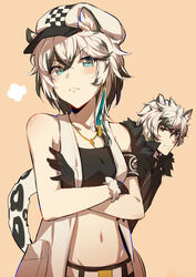  1boy absurdres animal_ear_fluff animal_ears arknights bandeau bare_arms bare_shoulders black_gloves black_hair black_jacket blue_eyes blush breasts brother_and_sister cabbie_hat can&#039;t_be_this_cute checkered chinese_commentary cliffheart_(arknights) commentary_request crossed_arms female fur-trimmed_gloves fur-trimmed_jacket fur_trim gloves grey_hair hair_between_eyes hat highres jacket jewelry leopard_boy leopard_ears leopard_tail looking_at_viewer midriff multicolored_hair navel necklace orange_background ore_no_imouto_ga_konna_ni_kawaii_wake_ga_nai puff_of_air short_hair siblings silverash_(arknights) simple_background small_breasts stomach streaked_hair tail upper_body v-shaped_eyebrows vest white_headwear white_vest yumuto_(spring1786) 