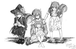  4girls ^_^ absurdres aged_down animal_ears ayunda_risu ayunda_risu_(1st_costume) ayunda_risu_(3rd_costume) ayunda_risu_(indonesian_casual) barefoot beret closed_eyes dress full_body greyscale hat highres hololive hololive_indonesia jacket monochrome multiple_girls multiple_persona off_shoulder pantyhose raikkonen sitting smile squirrel_ears squirrel_girl squirrel_tail tail tube_socks virtual_youtuber white_background witch_hat 