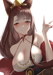  absurdres akagi_(azur_lane) akagi_(dawn_phoenix&#039;s_summons)_(azur_lane) animal_ears artist_name azur_lane bare_shoulders blush breasts brown_hair china_dress chinese_clothes cleavage collarbone dress female fox_ears hair_ornament highres ichikushi_mojibake large_breasts lips long_hair looking_at_viewer nail_polish official_alternate_costume orange_eyes red_nails smile solo upper_body white_background 