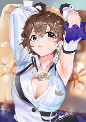  absurdres armpits arms_up black_eyes black_gloves breasts brown_hair cleavage collared_shirt commentary_request cushion cushion_grab detached_sleeves female gloves high_collar highres honda_mio idolmaster idolmaster_cinderella_girls jewelry kitou_sakeru large_breasts looking_at_viewer messy_hair necklace shirt short_hair single_sleeve smell solo sweat upper_body 