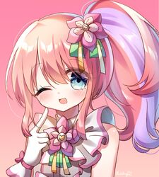  ;d blue_eyes blush center_frills female flower frills gloves grey_shirt hair_between_eyes hair_flower hair_ornament hand_up highres index_finger_raised kanon_(pripara) long_hair looking_at_viewer multicolored_hair one_eye_closed pink_background pink_flower pink_hair pretty_series pripara pudding_(skymint_028) purple_hair shirt side_ponytail signature simple_background sleeveless sleeveless_shirt smile solo streaked_hair upper_body white_gloves 