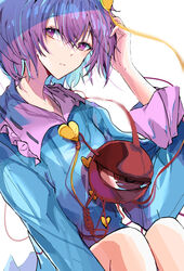  blouse blue_blouse closed_mouth collared_blouse commentary eyebrows_visible_through_hair female frilled_shirt_collar frills hair_between_eyes hand_in_hair heart highres komeiji_satori krs_(kqrqsi) long_sleeves looking_at_viewer purple_eyes purple_hair short_hair simple_background solo third_eye touhou white_background 