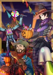  2boys absurdres anemia_kwus animification apex_legends bandana black_hair black_headwear black_skirt bodice brown_jacket candy cowboy_hat facial_hair female food goatee hair_behind_ear halloween halloween_bucket hat highres holding holding_candy holding_food holding_lollipop jack-o&#039;-lantern jacket lollipop mirage_(apex_legends) mistress_of_evil_wraith multiple_boys nessie_(respawn) old_town_mirage one-eyed orange_eyes pathfinder_(apex_legends) pork purple_scarf red_bandana scarf science_fiction skirt smile witch witch_hat wraith_(apex_legends) 