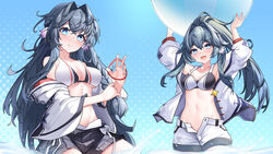  2girls :d absurdres arknights arms_up astesia_(arknights) astgenne_(arknights) ball bare_shoulders beachball bikini blue_background blue_eyes blue_hair breasts chinese_commentary collarbone commentary_request cowboy_shot ddddecade grey_shorts hair_between_eyes hair_intakes hair_tie head_tilt highres holding holding_ball jacket long_hair long_sleeves looking_at_viewer multiple_girls navel oerba_yun_fang off_shoulder open_clothes open_fly open_jacket open_mouth short_shorts shorts siblings sisters skin_fang smile standing stomach swimsuit very_long_hair white_bikini white_jacket white_shorts 