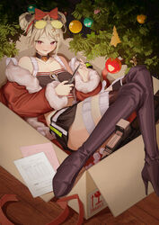  absurdres alter_sang balisong bell black_footwear black_skirt boots box bullpup cardboard_box christmas_ornaments christmas_tree collarbone eyewear_on_head female folding_knife girls&#039;_frontline gun hair_bell hair_bun hair_ornament high_heel_boots high_heels highres in_box in_container jingle_bell knife light_brown_hair looking_at_viewer miniskirt official_alternate_costume open_mouth p90 p90_(girls&#039;_frontline) p90_(scarlet_turbo)_(girls&#039;_frontline) red_eyes short_hair skirt smile solo submachine_gun sunglasses thigh_boots tinted_eyewear weapon yellow-tinted_eyewear 