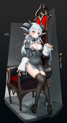  absurdres armchair black_dress black_footwear black_thighhighs blue_hair blunt_bangs braid breasts chair china_dress chinese_clothes cleavage cleavage_cutout clothing_cutout commentary covered_navel demon_girl demon_horns demon_tail doha_skylightscent dress earrings female full_body heterochromia high_heels highres holding holding_smoking_pipe horns jewelry korean_commentary light_blue_hair long_hair long_pointy_ears long_sleeves medium_breasts orange_eyes original pointy_ears short_dress side-tie_dress side_braid sitting smoking_pipe solo tail thighhighs yellow_eyes 