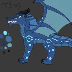  all_fours bioluminescence blue_eyes claws dragon fan_character feet glowing hi_res horn male membrane_(anatomy) mythological_creature mythological_scalie mythology reference_image scalie seawing_(wof) solo talons tang_(very_blue_rainwing) toes very_blue_rainwing wings_of_fire 