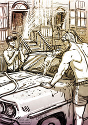  2boys bad_id bad_tumblr_id bara baseball_cap black_hair blonde_hair brown_theme car chest_hair commentary couple cris_art english_commentary feet_out_of_frame from_behind hat holding holding_hose hose hulkling male_focus marvel monochrome motor_vehicle multiple_boys navel_hair outdoors pectorals short_hair shorts sideburns smile sponge standing thick_eyebrows toned toned_male topless_male vehicle_request washing washing_vehicle wet wiccan yaoi 