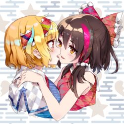  2girls alice_margatroid blonde_hair blue_dress blue_hair bow breasts broken_heart brown_eyes brown_hair capelet commentary cookie_(touhou) cropped_torso dress egasumi fairyfloss frilled_bow frills grey_background hairband hairbow hakurei_reimu half_updo hand_on_another&#039;s_shoulder heart hinase_(cookie) kanna_(cookie) long_hair looking_at_another medium_breasts multicolored_hair multiple_girls open_mouth red_bow red_hair red_hairband red_shirt shirt short_hair sleeveless sleeveless_shirt star_(symbol) streaked_hair touhou transparent_background two-tone_hair upper_body white_capelet yuri 