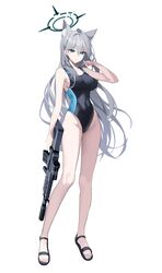  absurdres alternate_costume animal_ears assault_rifle bare_legs bare_shoulders blue_archive blue_eyes breasts broken_halo competition_swimsuit cosplay covered_navel diamond-shaped_pupils diamond_(shape) expressionless extra_ears female full_body grey_hair groin gun hair_between_eyes halo hand_up highres holding holding_gun holding_weapon legs long_hair looking_at_viewer medium_breasts mismatched_pupils nagul one-piece_swimsuit parted_lips rifle sandals shiroko_(blue_archive) shiroko_(blue_archive)_(cosplay) shiroko_(swimsuit)_(blue_archive) shiroko_terror_(blue_archive) sig_556 sig_sauer simple_background slit_pupils solo staring swimsuit symbol-shaped_pupils very_long_hair weapon white_background wolf_ears 