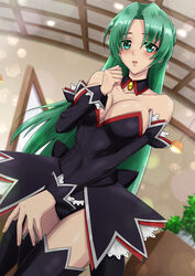  angel_mort blurry blush bokeh breasts cleavage covered_navel depth_of_field detached_collar detached_sleeves dutch_angle female green_eyes highres higurashi_no_naku_koro_ni large_breasts long_hair shelty solo sonozaki_shion thighhighs thighs waitress 