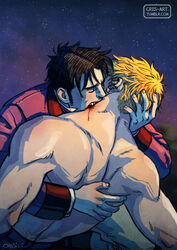  2boys alternate_costume alternate_universe bad_id bad_tumblr_id bara biting black_hair blonde_hair blood_sucking commentary couple cris_art english_commentary hand_in_another&#039;s_hair hand_on_another&#039;s_head hulkling long_sideburns male_focus marvel multiple_boys muscular muscular_male neck_biting short_hair sideburns thick_eyebrows topless_male upper_body vampire wiccan yaoi 