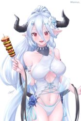  bare_shoulders blue_flower blue_hair blush breasts clothing_cutout collarbone commentary corset draph drawstring female flower food granblue_fantasy hair_between_eyes hair_flower hair_ornament highres holding horns izmir izmir_(summer)_(granblue_fantasy) kebab large_breasts light_blue_hair long_hair looking_at_viewer mole mole_under_mouth navel official_alternate_costume open_mouth pointy_ears red_eyes simple_background smile snowflake_hair_ornament solo swimsuit tian_nya twitter_username underboob_cutout very_long_hair white_background white_flower 