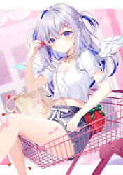  alternate_costume amane_kanata arm_up asymmetrical_bangs bag bandaid bandaid_on_leg blue_hair blue_wings blush bow breasts cleavage closed_mouth collarbone colored_inner_hair commentary_request crop_top feathered_wings feet_out_of_frame female food food-themed_bag fruit gradient_wings grey_hair grey_shorts hair_intakes hair_ornament hair_over_one_eye hairbow hairclip highres holding holding_food hololive in_shopping_cart long_hair midriff multicolored_hair multicolored_wings myusha nail_polish navel official_alternate_hair_length official_alternate_hairstyle pink_nails purple_eyes shirt shopping_cart short_shorts short_sleeves shorts shoulder_bag single_hair_intake small_breasts smile solo strawberry strawberry_bag streaked_hair two-tone_hair two_side_up virtual_youtuber white_bow white_shirt white_wings wings 